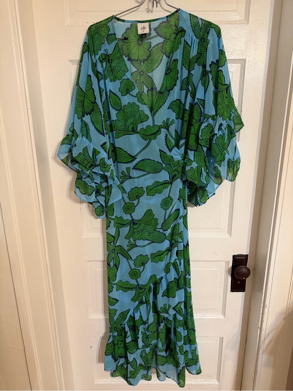 CAbi Sky Blue & Kelly Green Floral Wrap Dress - Picture 6 of 7